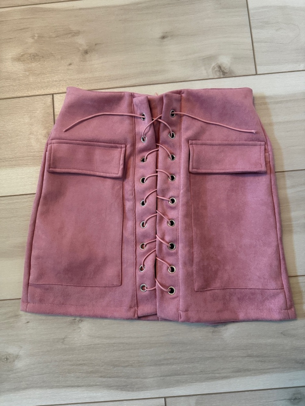 Faux Suede Lace-Up Pocket Mini Skirt - Pink